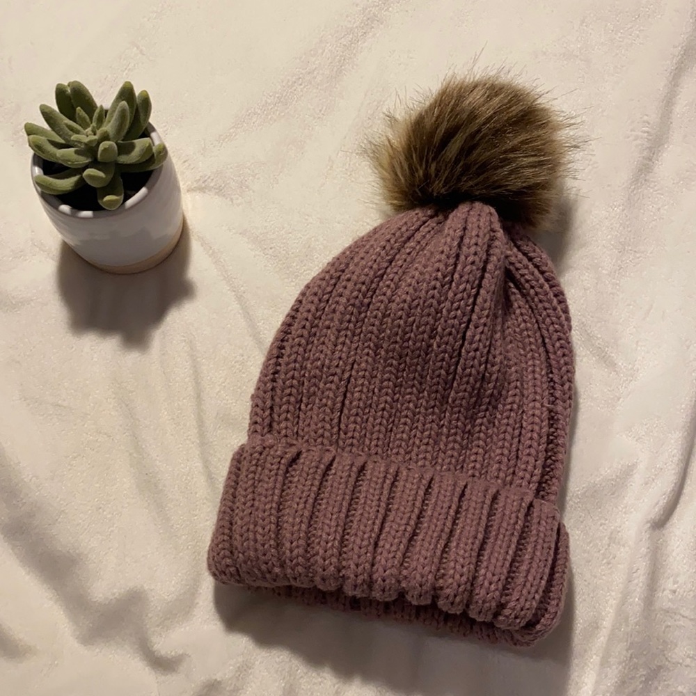 Forever 21 Knitted Rose Pink Beanie with Faux Fur Ball